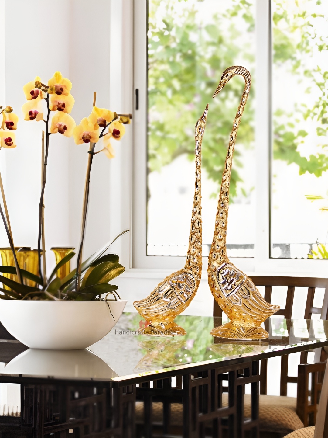 

HANDICRAFTS PARADISE Brown & Silver Toned 2 Pieces Animal Swan Metal Showpiece