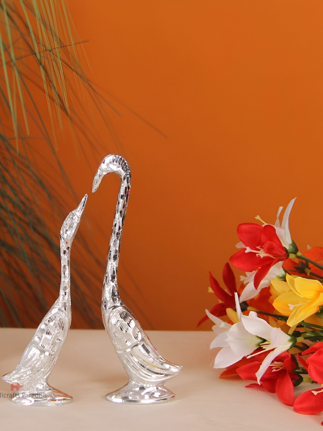 

HANDICRAFTS PARADISE Silver Toned 2 Pieces Animal Swan Metal Showpiece