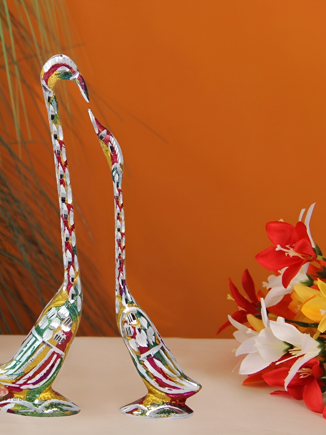 

HANDICRAFTS PARADISE Green & Silver Toned 2 Pieces Animal Swan Metal Showpiece