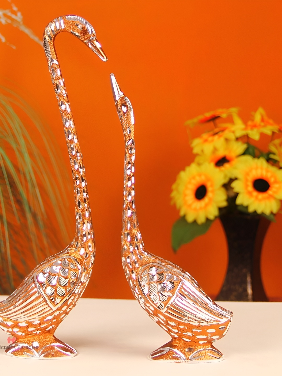 

HANDICRAFTS PARADISE Brown & Silver Toned 2 Pieces Animal Swan Metal Showpiece