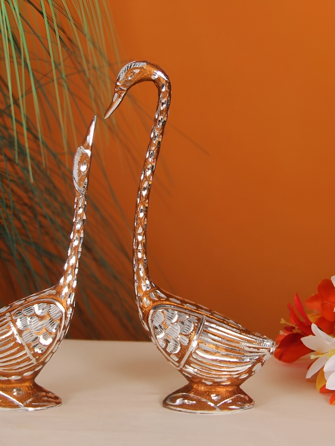

HANDICRAFTS PARADISE Brown & Silver Toned 2 Pieces Animal Swan Metal Showpiece