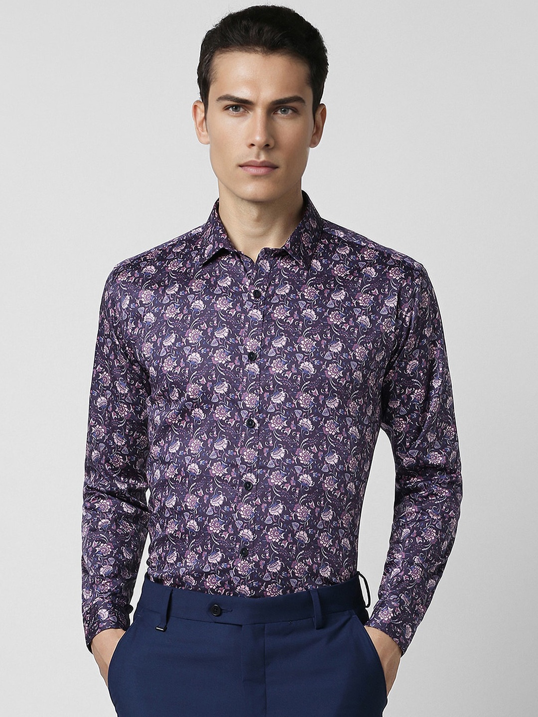 

V Dot Slim Fit Floral Printed Casual Shirt, Purple