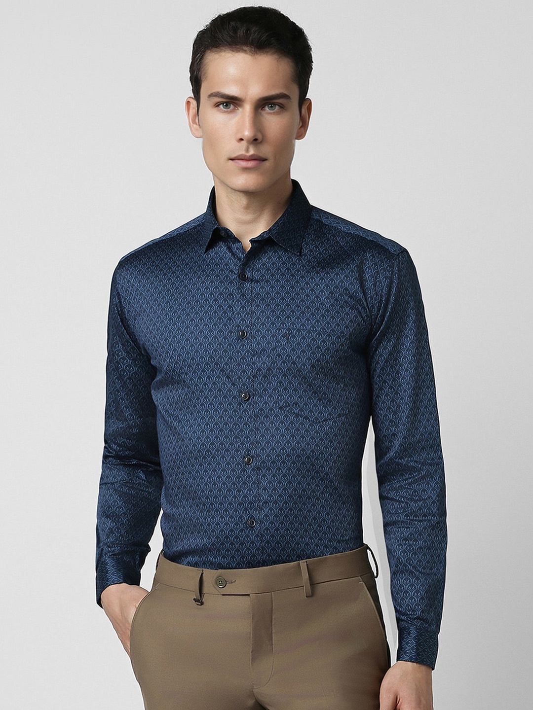 

V Dot Men Slim Fit Floral Printed Long Sleeves Casual Shirt, Navy blue