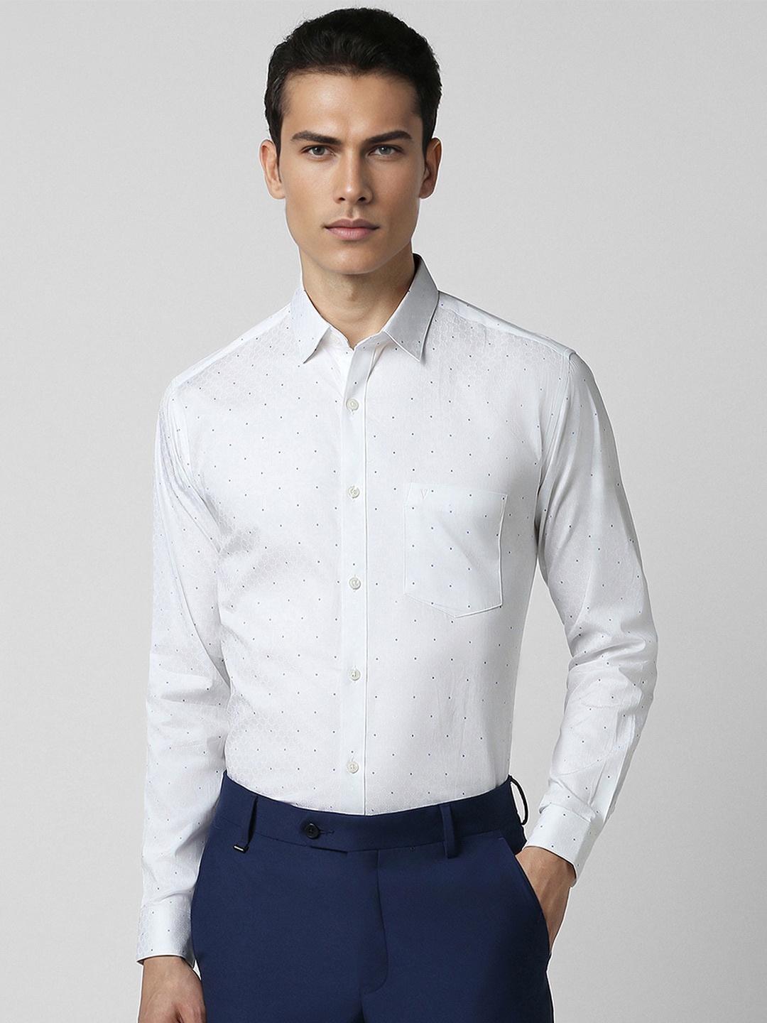 

V Dot Slim Fit Micro Ditsy Printed Spread Collar Pure Cotton Casual Shirt, White