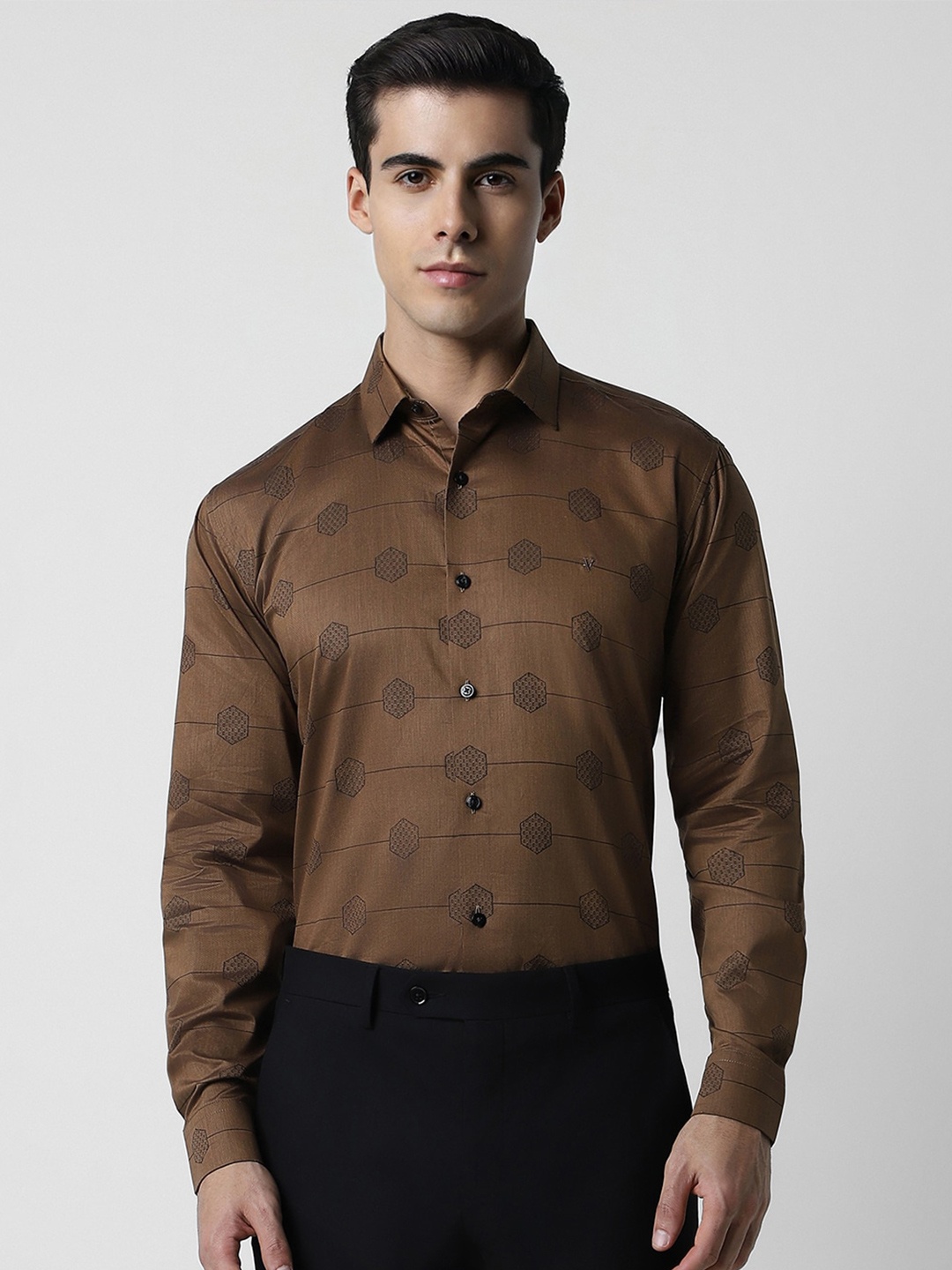 

V Dot Slim Fit Opaque Printed Cotton Party Shirt, Brown