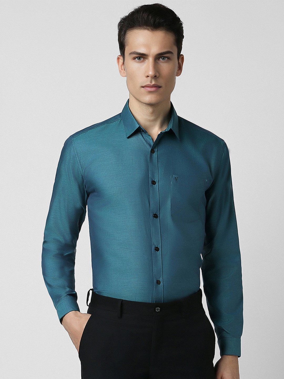 

V Dot Slim Fit Textured Opaque Cotton Party Shirt, Blue
