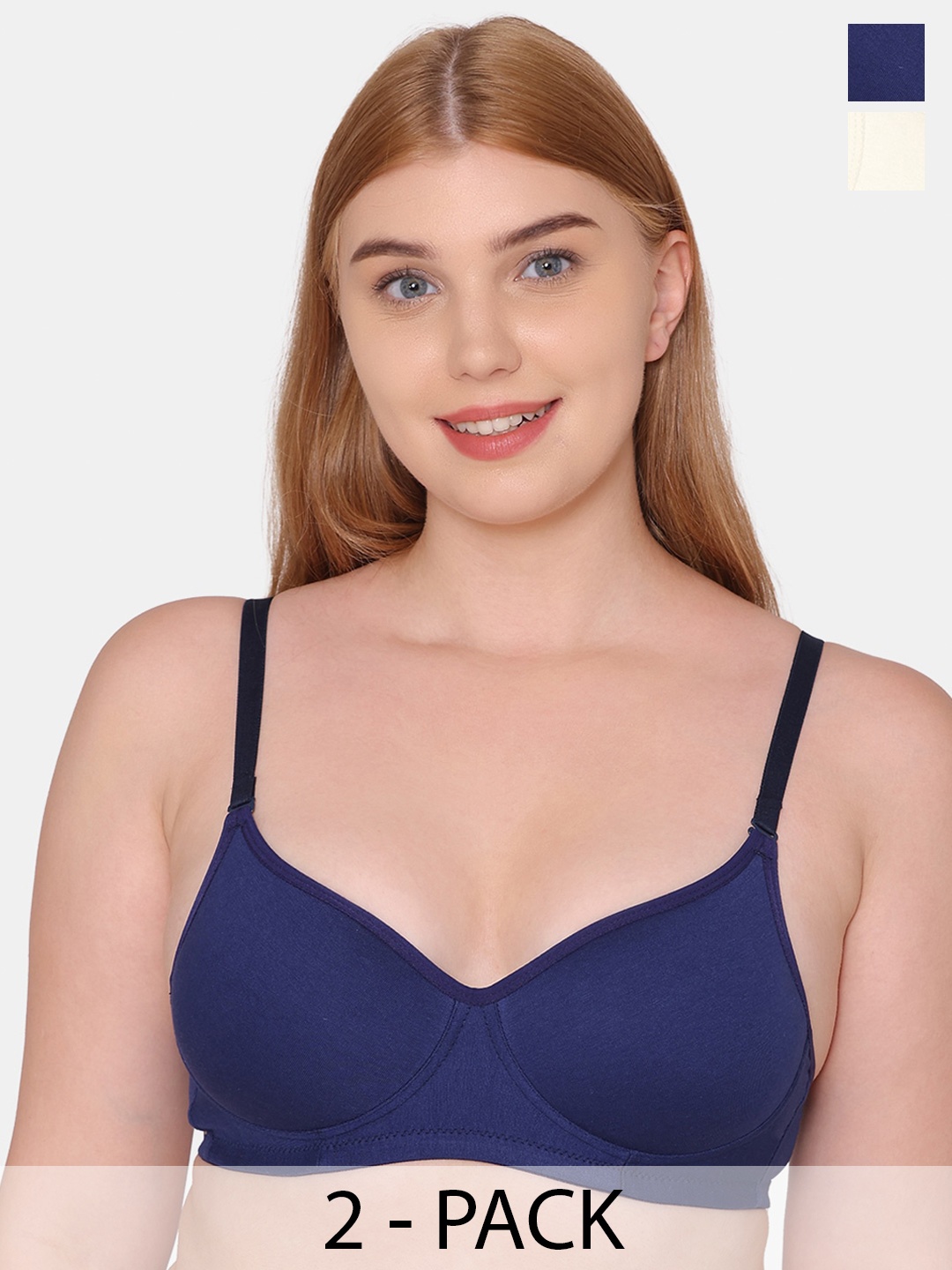 

KOMLI Pack Of 2 Full Coverage Cotton Lightly Padded Bra All Day Comfort, Navy blue