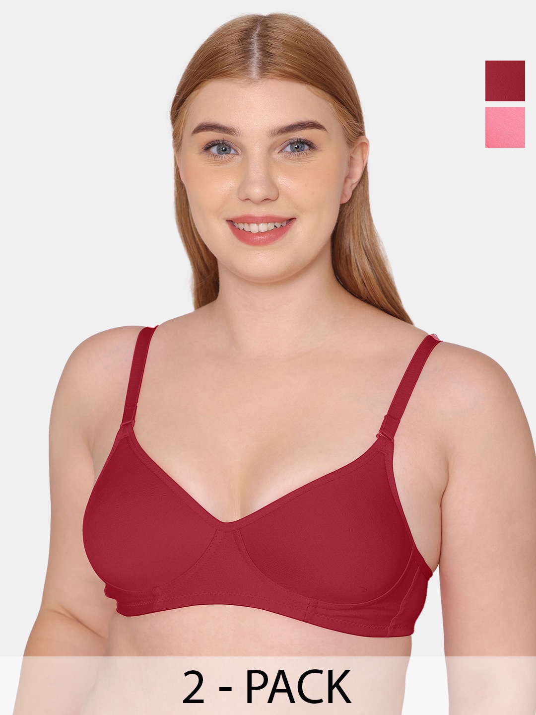 

KOMLI Pack of 2 Cotton T-Shirt Bra Full Coverage Lightly Padded All Day Comfort, Maroon