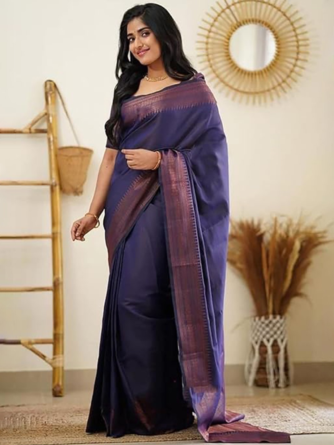 

bansari textiles Woven Design Zari Pure Silk Kanjeevaram Saree, Blue