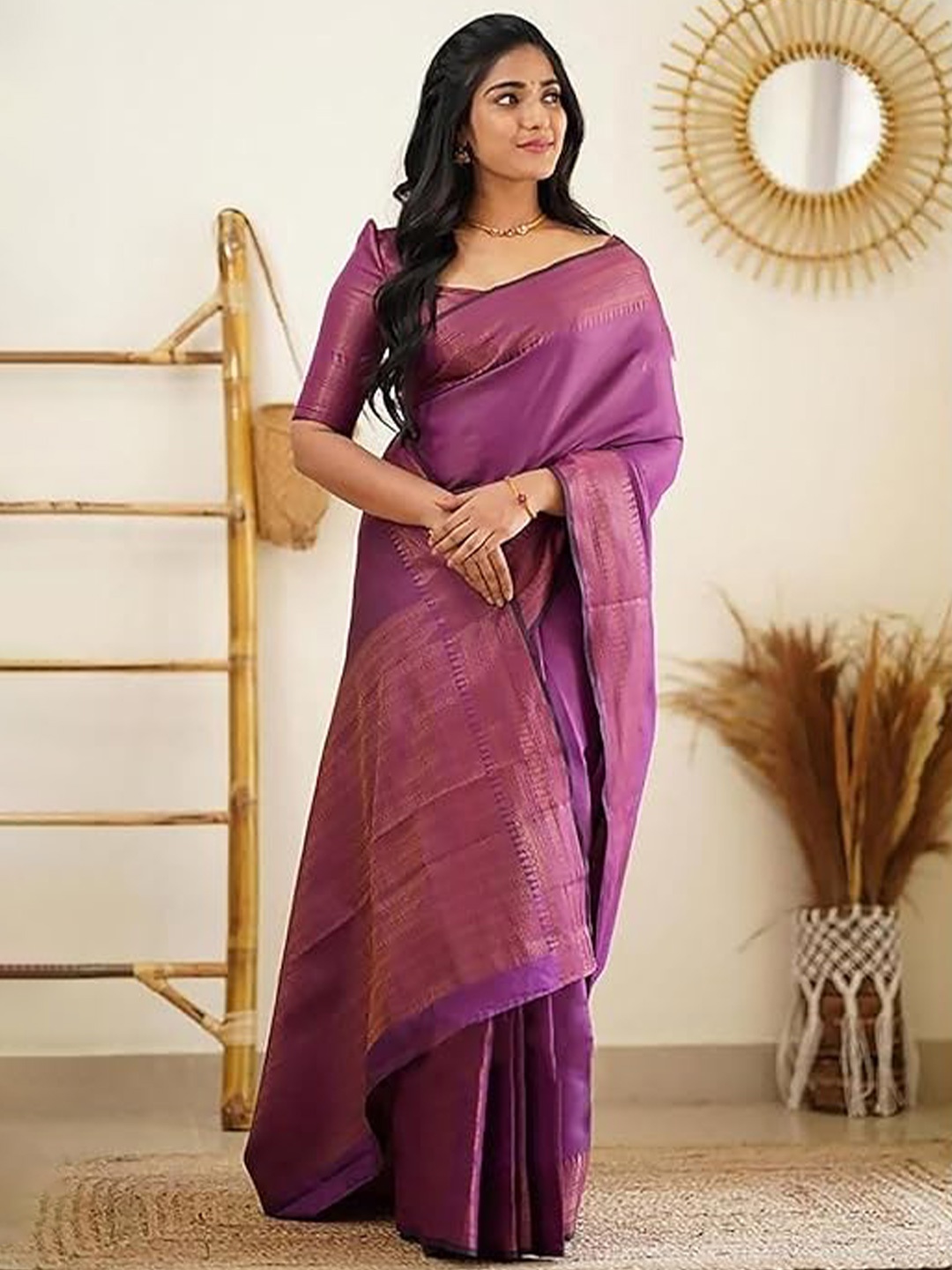 

bansari textiles Zari Pure Silk Kanjeevaram Saree, Purple