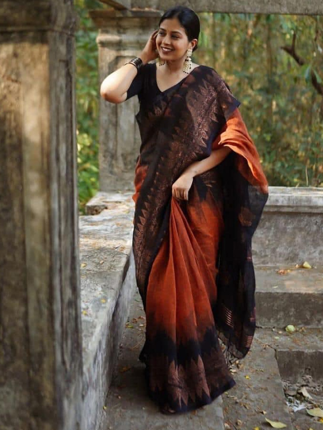 

bansari textiles Woven Design Zari Pure Cotton Kanjeevaram Saree, Orange