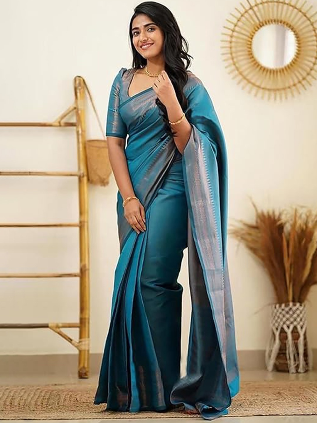 

bansari textiles Woven Design Zari Pure Silk Kanjeevaram Saree, Blue