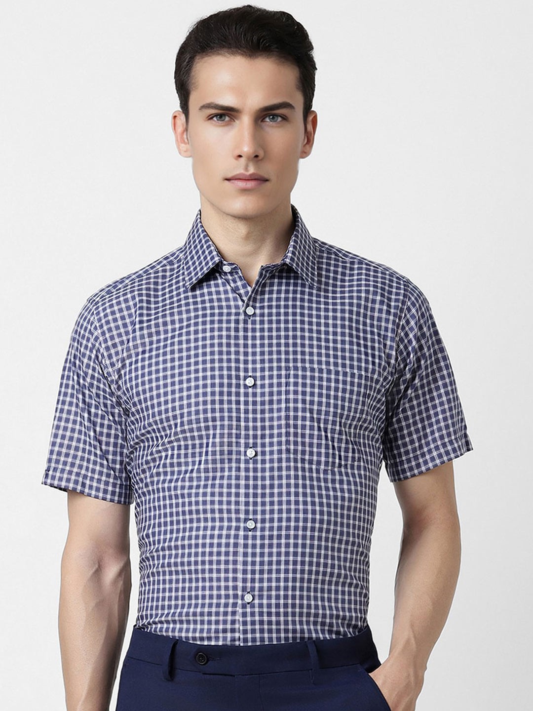 

Van Heusen Opaque Checked Spread Collar Slim Fit Opaque Formal Cotton Shirt, Blue