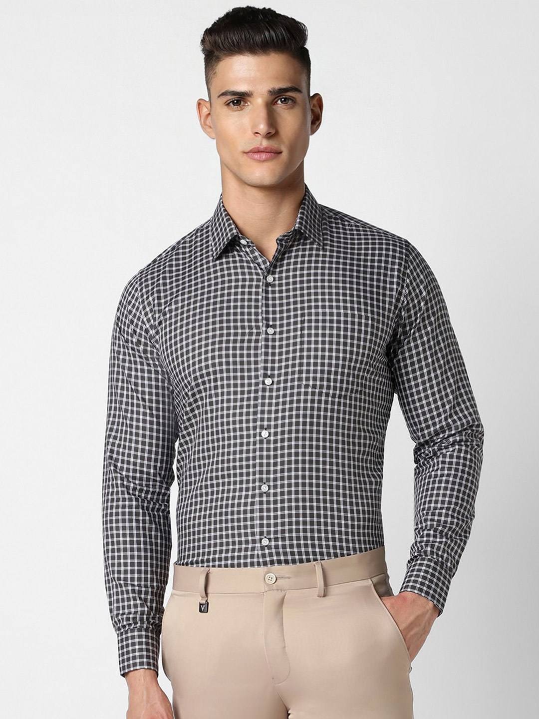 

Van Heusen Slim Fit Opaque Checked Spread Collar Opaque Cotton Formal Shirt, Black