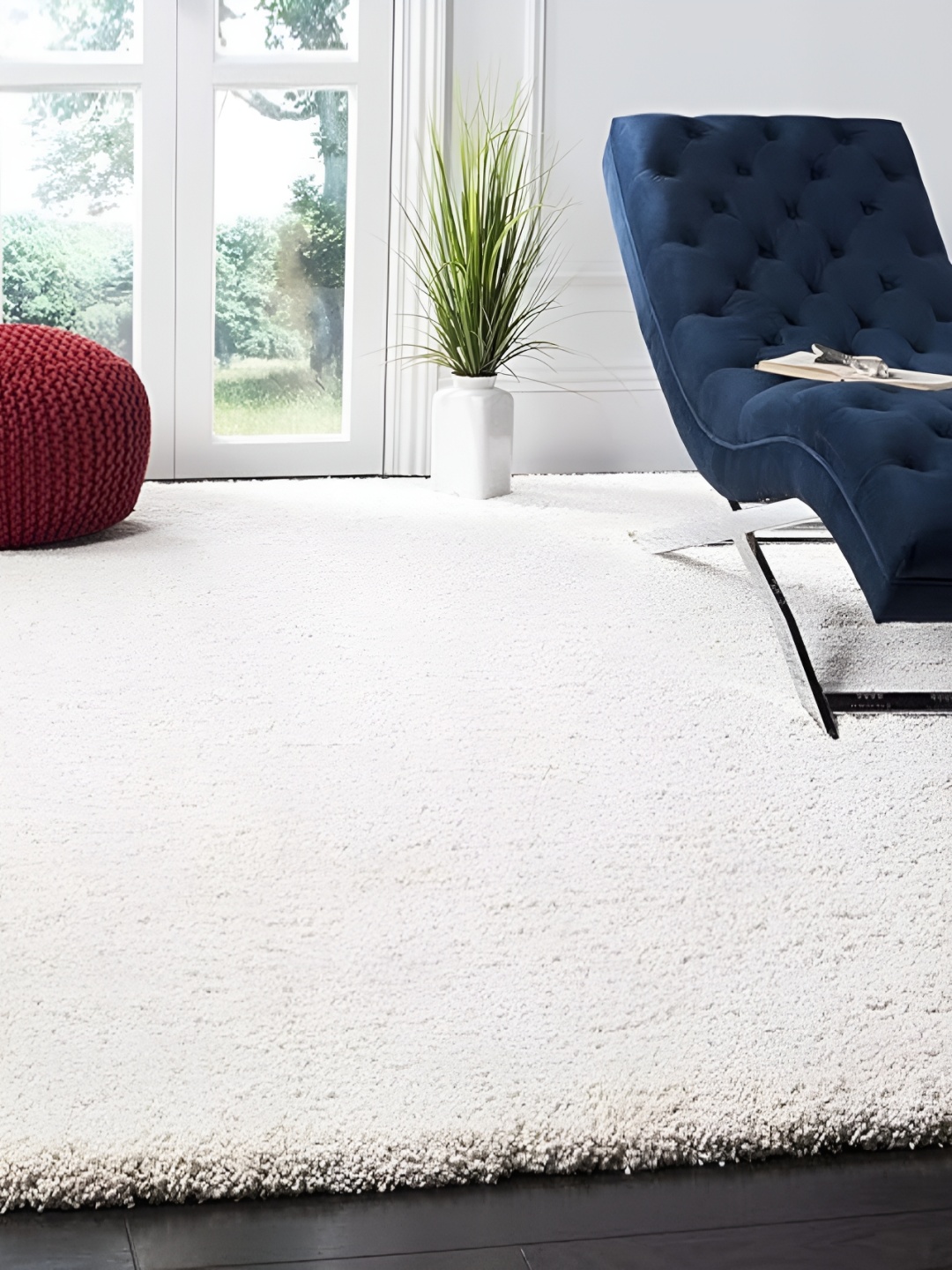 Shopgallery White Textured Anti Skid Rectangle Shaggy Carpet
