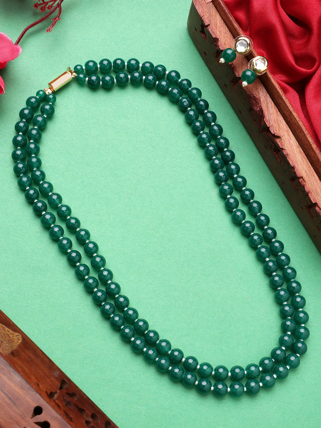 

Mali Fionna Gold-Plated Artificial Stones-Studded & Beads-Beaded Necklace And Earrings, Green