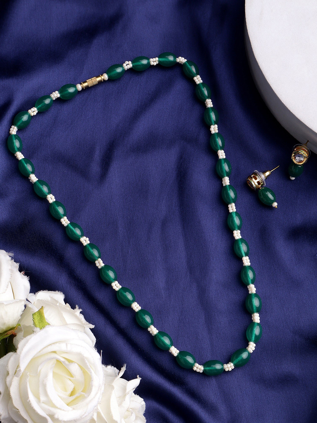 

Mali Fionna Gold-Plated Artificial Stones-Studded & Beads-Beaded Necklace And Earrings, Green