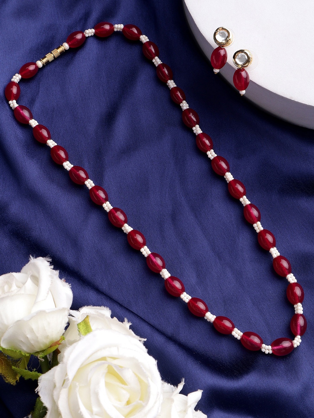 

Mali Fionna Gold-Plated Artificial Stones-Studded & Beads-Beaded Necklace And Earrings, Red
