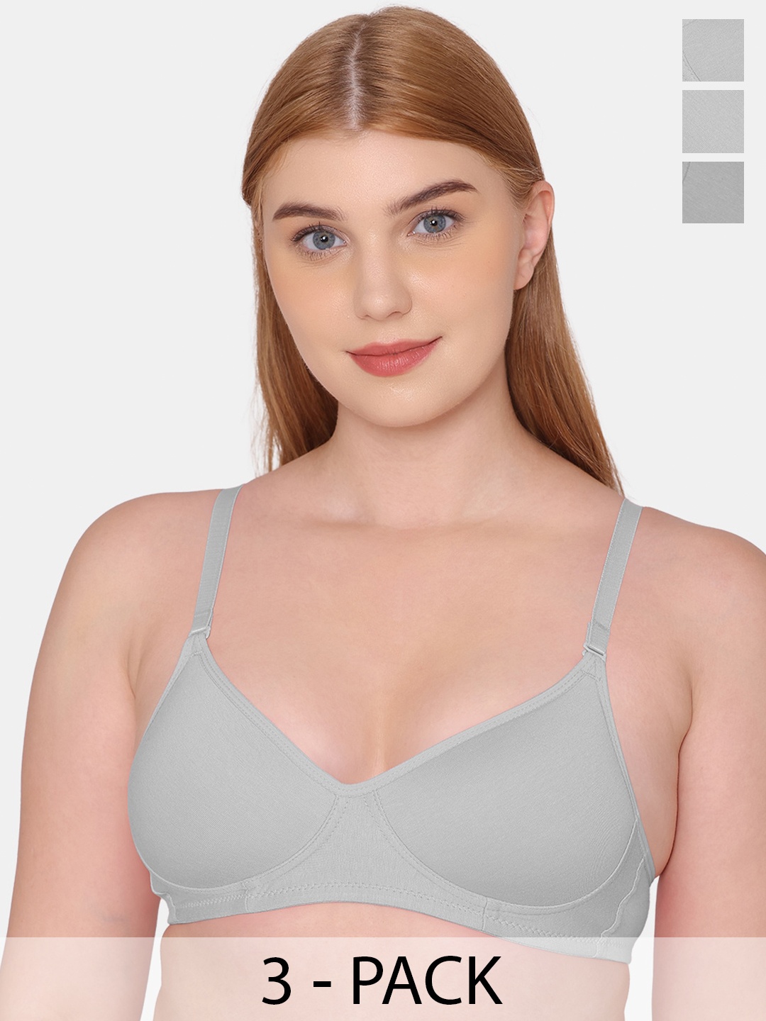 

KOMLI Pack Of 3 Full Coverage Cotton Lightly Padded Bra All Day Comfort, Grey