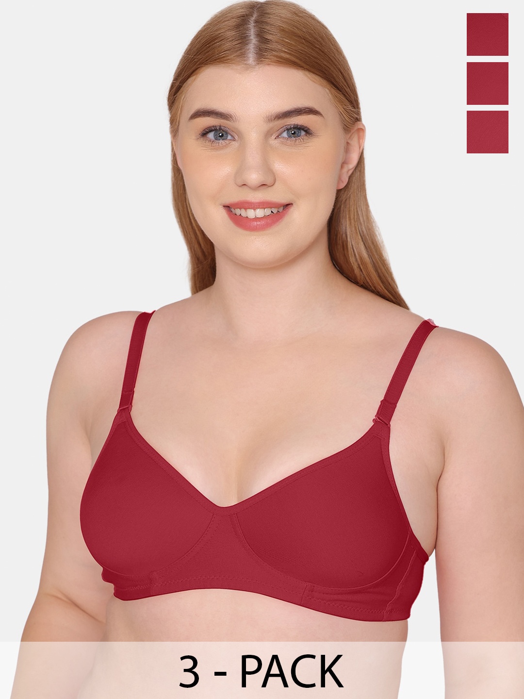 

KOMLI Pack Of 3 Full Coverage All Day Comfort Cotton T-shirt Bras, Maroon