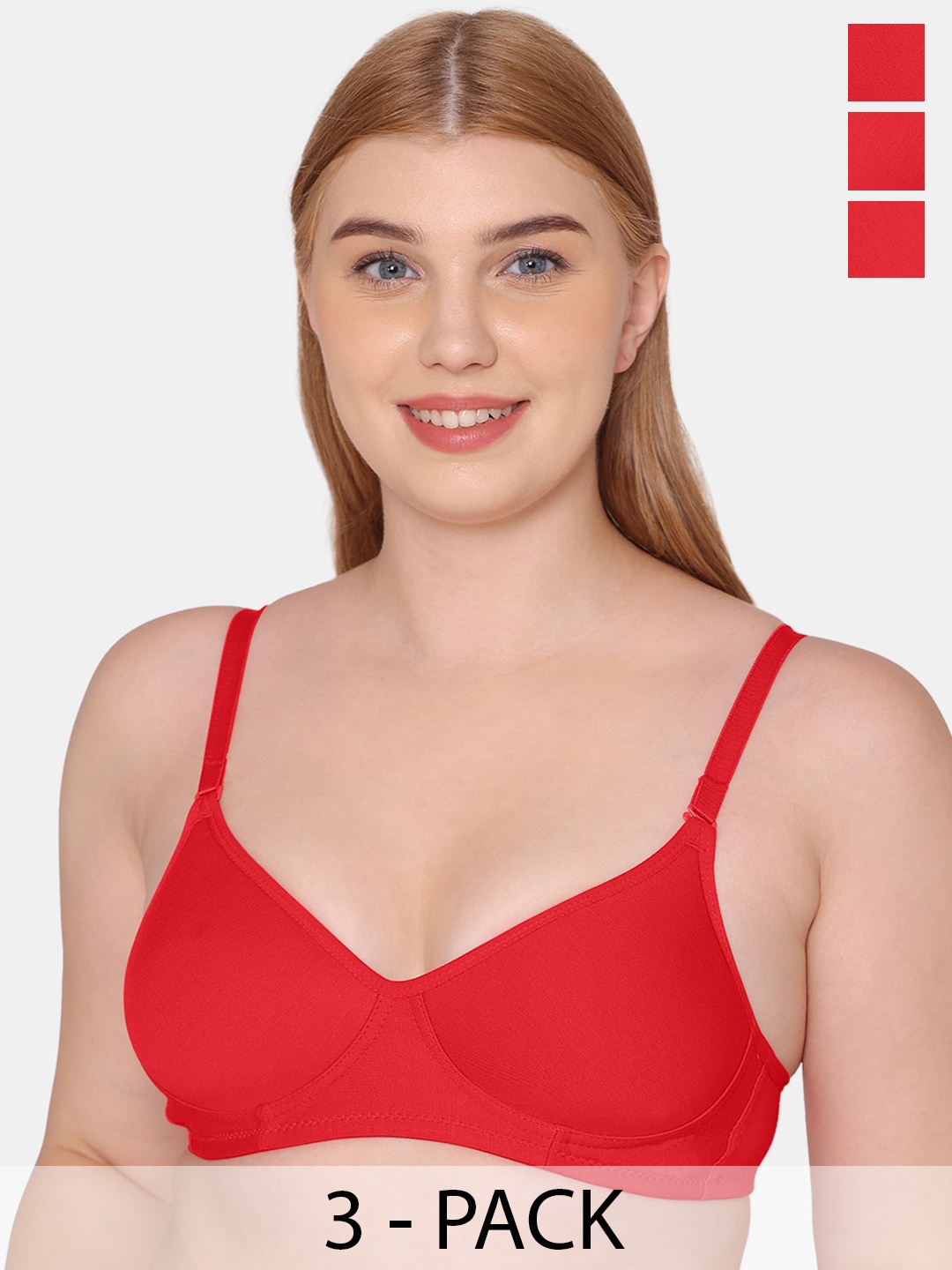 

KOMLI Pack Of 3 Full Coverage Cotton Lightly Padded Bra All Day Comfort, Red