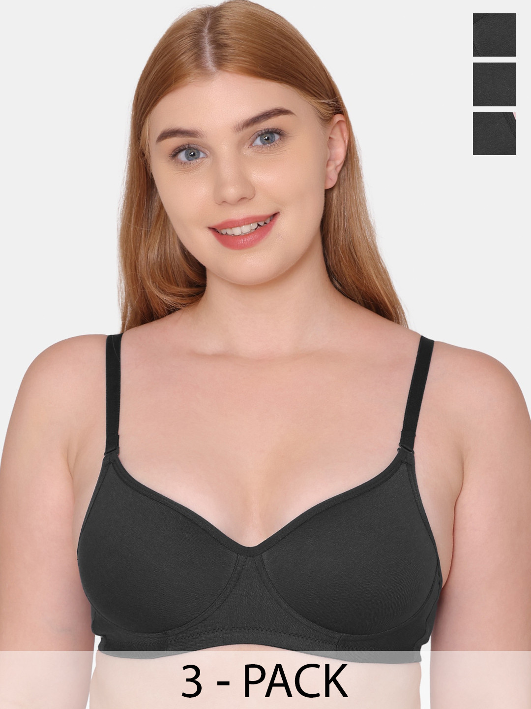 

KOMLI Pack Of 3 Full Coverage Cotton Lightly Padded Bra All Day Comfort, Black