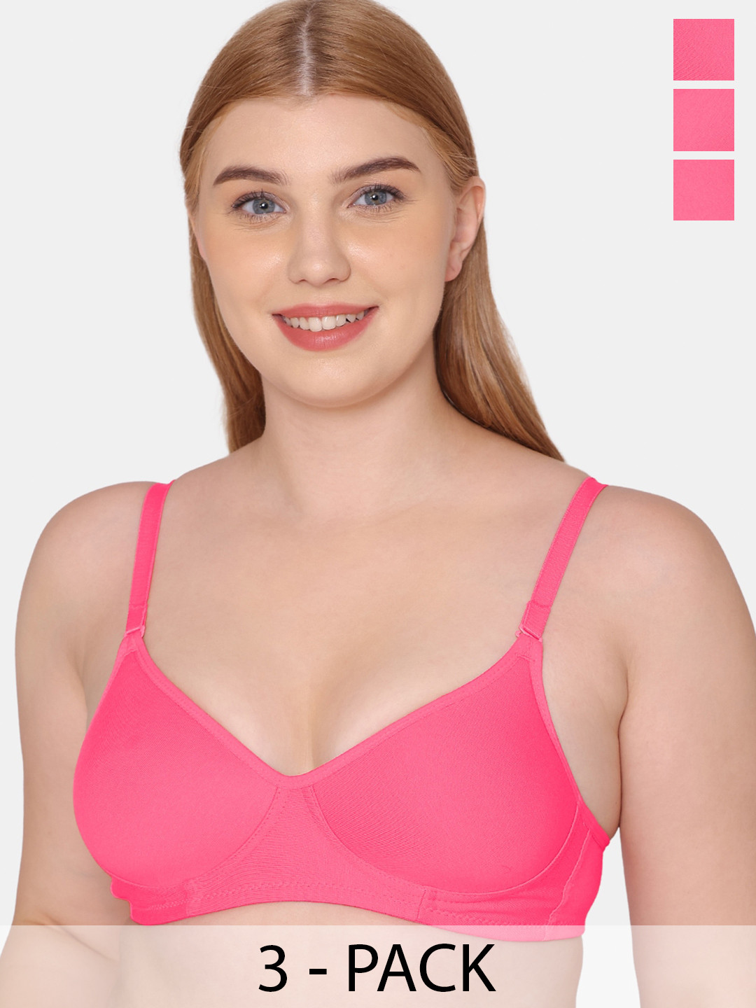 

KOMLI Pack Of 3 Full Coverage Cotton Lightly Padded Bra All Day Comfort, Pink