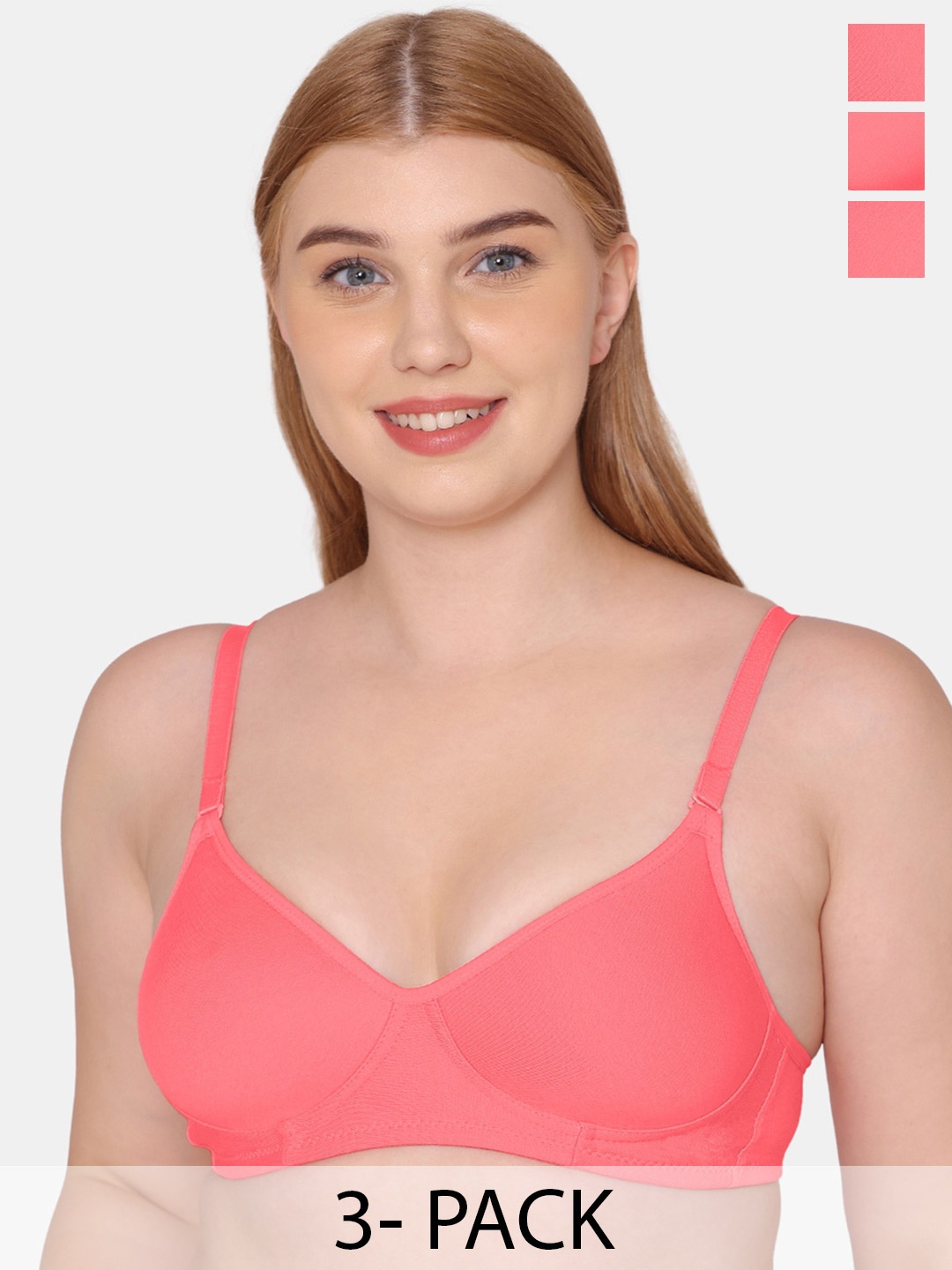 

KOMLI Pack Of 3 Full Coverage Cotton Lightly Padded Bra All Day Comfort, Coral