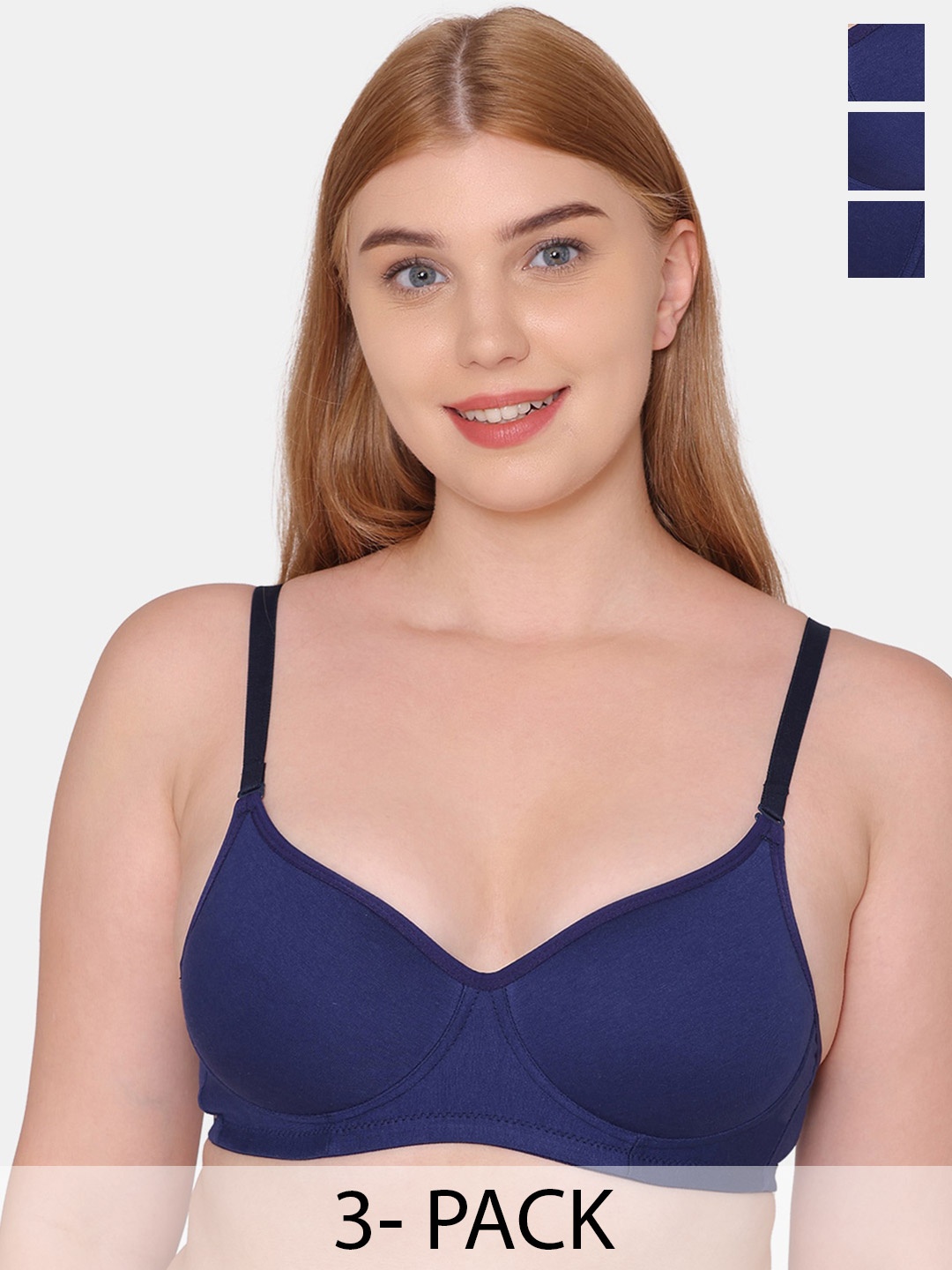 

KOMLI Pack Of 3 Full Coverage All Day Comfort Cotton T-shirt Bras, Navy blue