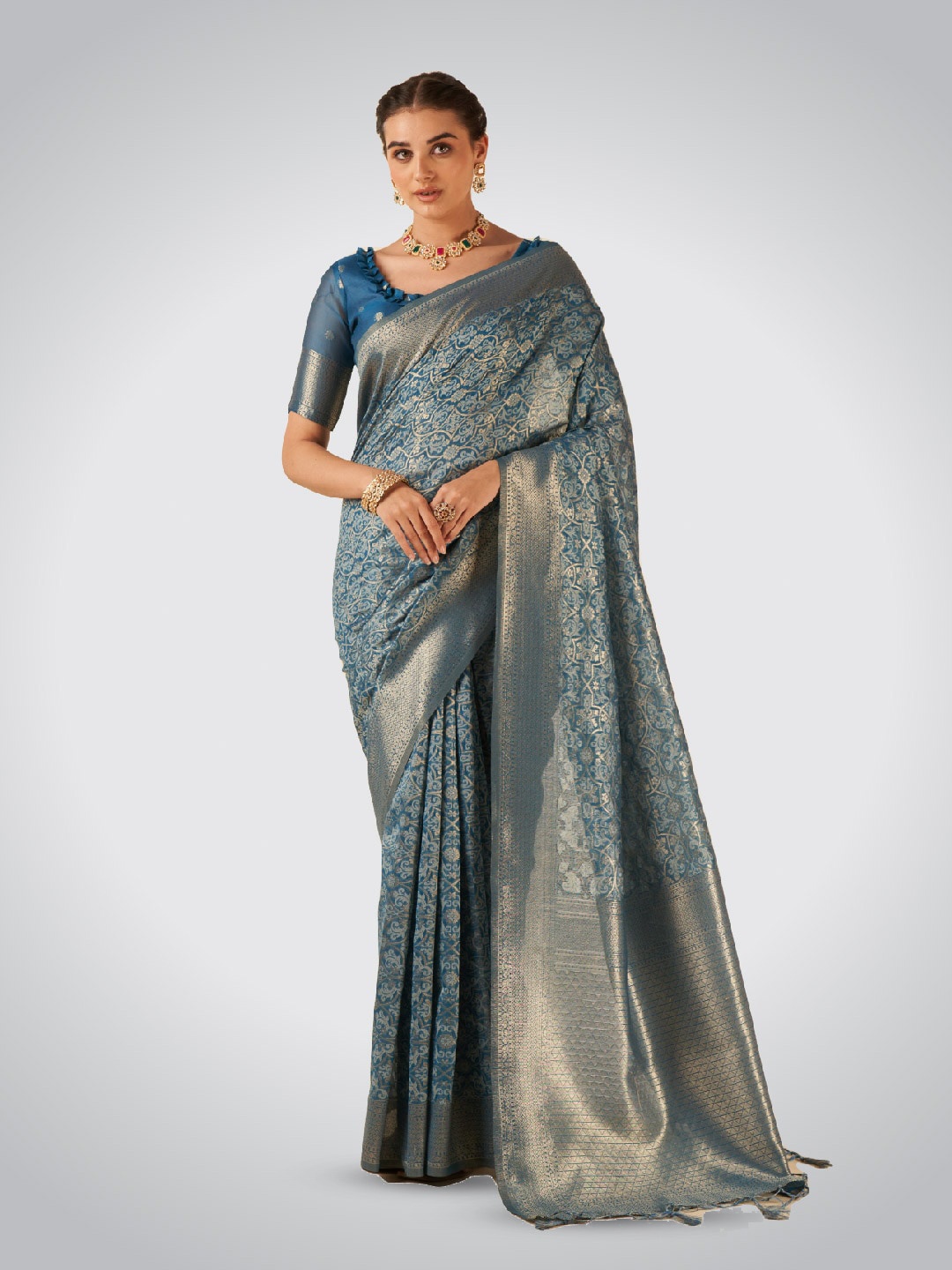 

Aura Floral Woven Design Zari Pure Cotton Saree, Blue