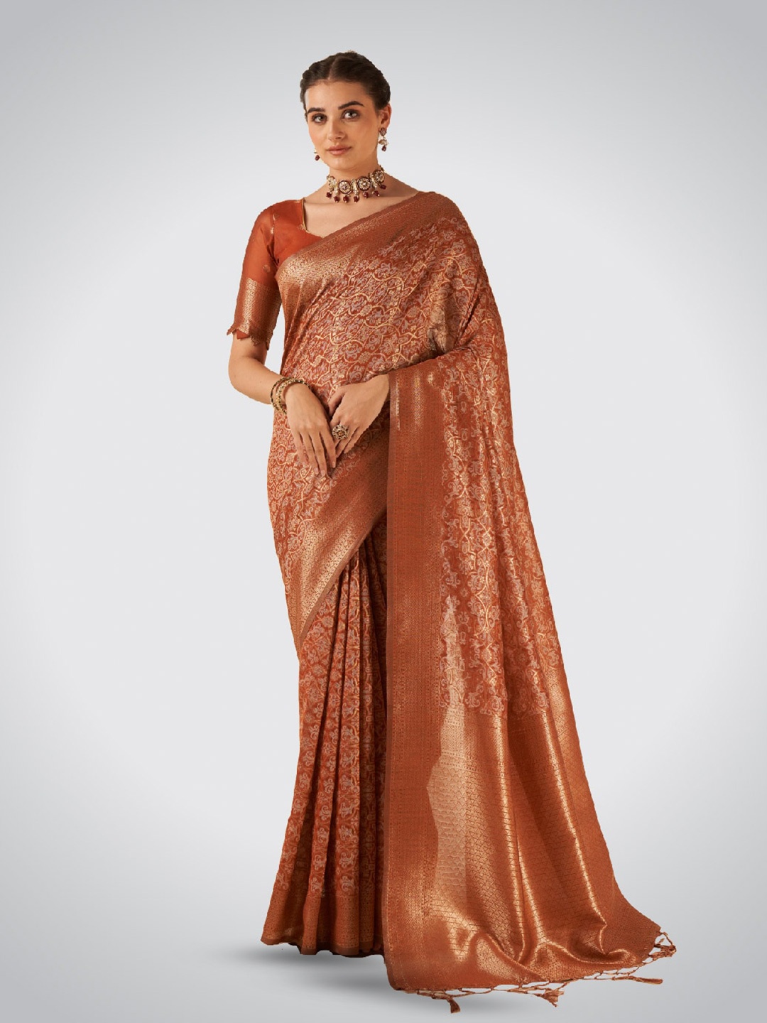 

Aura Floral Woven Design Zari Pure Cotton Saree, Rust