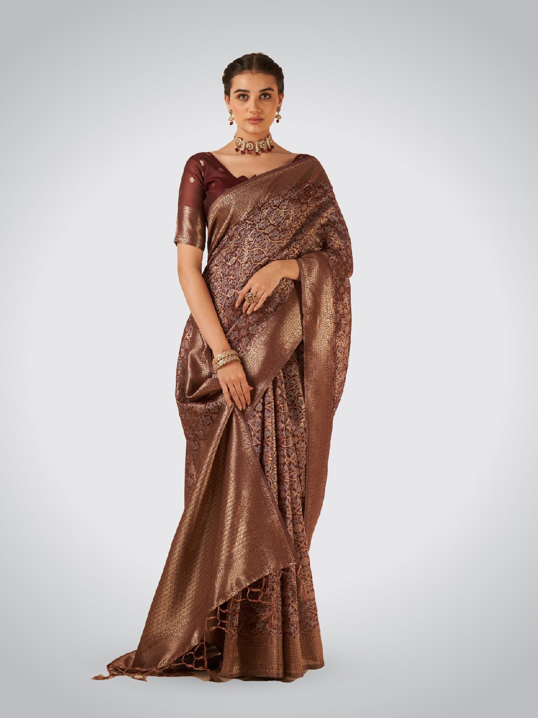 

Aura Floral Woven Design Zari Pure Cotton Saree, Brown