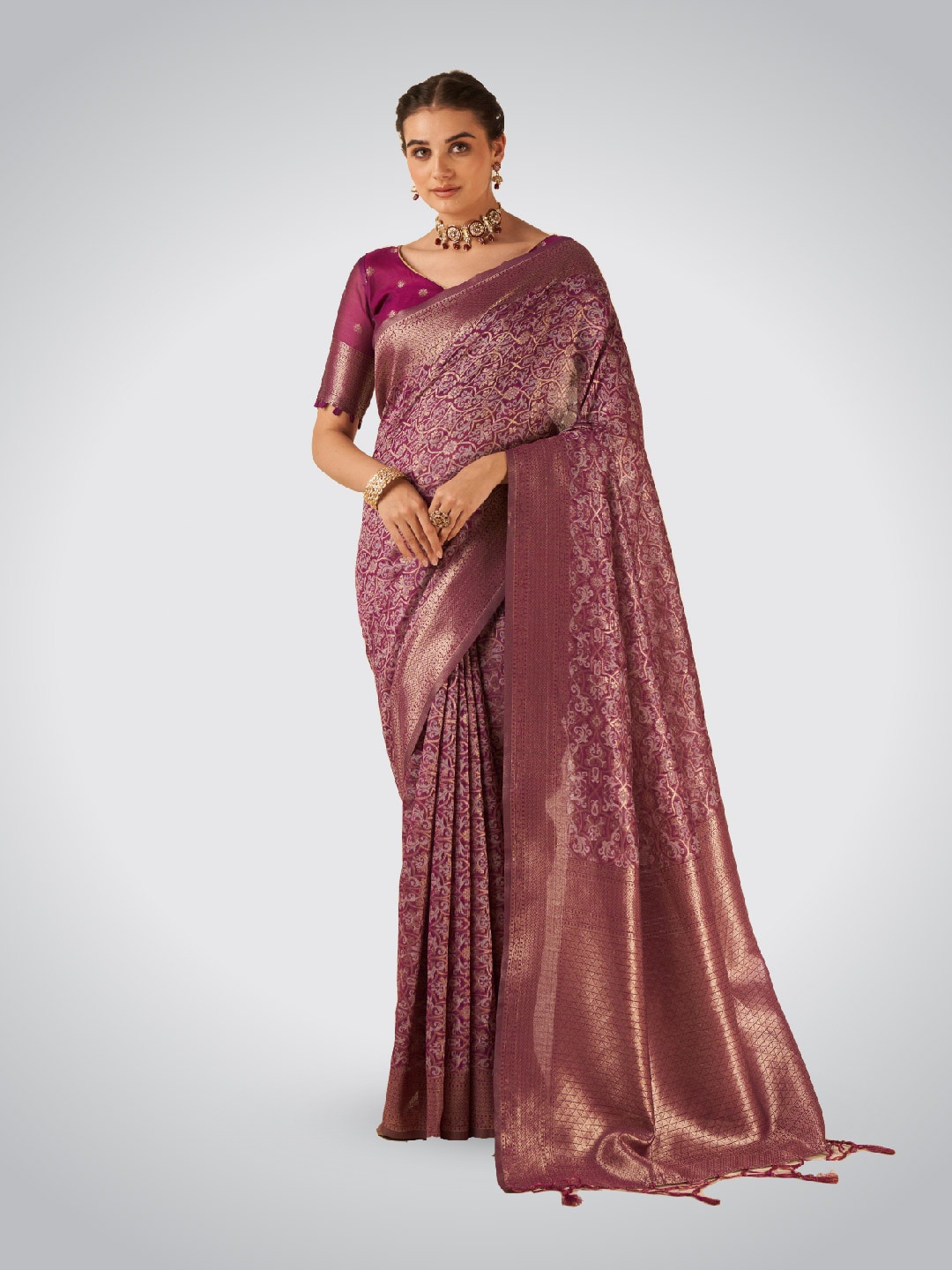 

Aura Floral Woven Design Zari Pure Cotton Saree, Purple