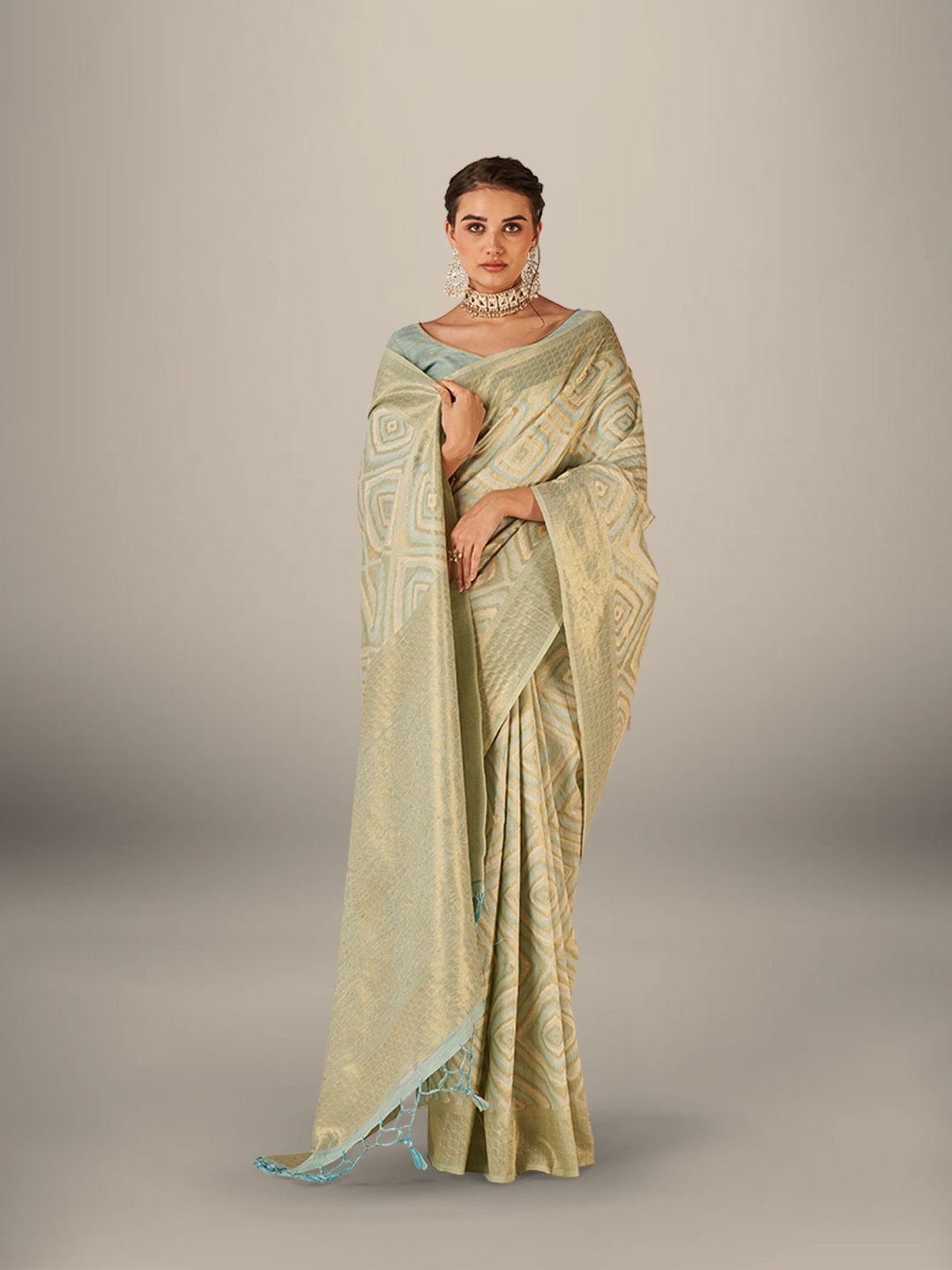 

Aura Geometric Printed Zari Pure Cotton Saree, Green