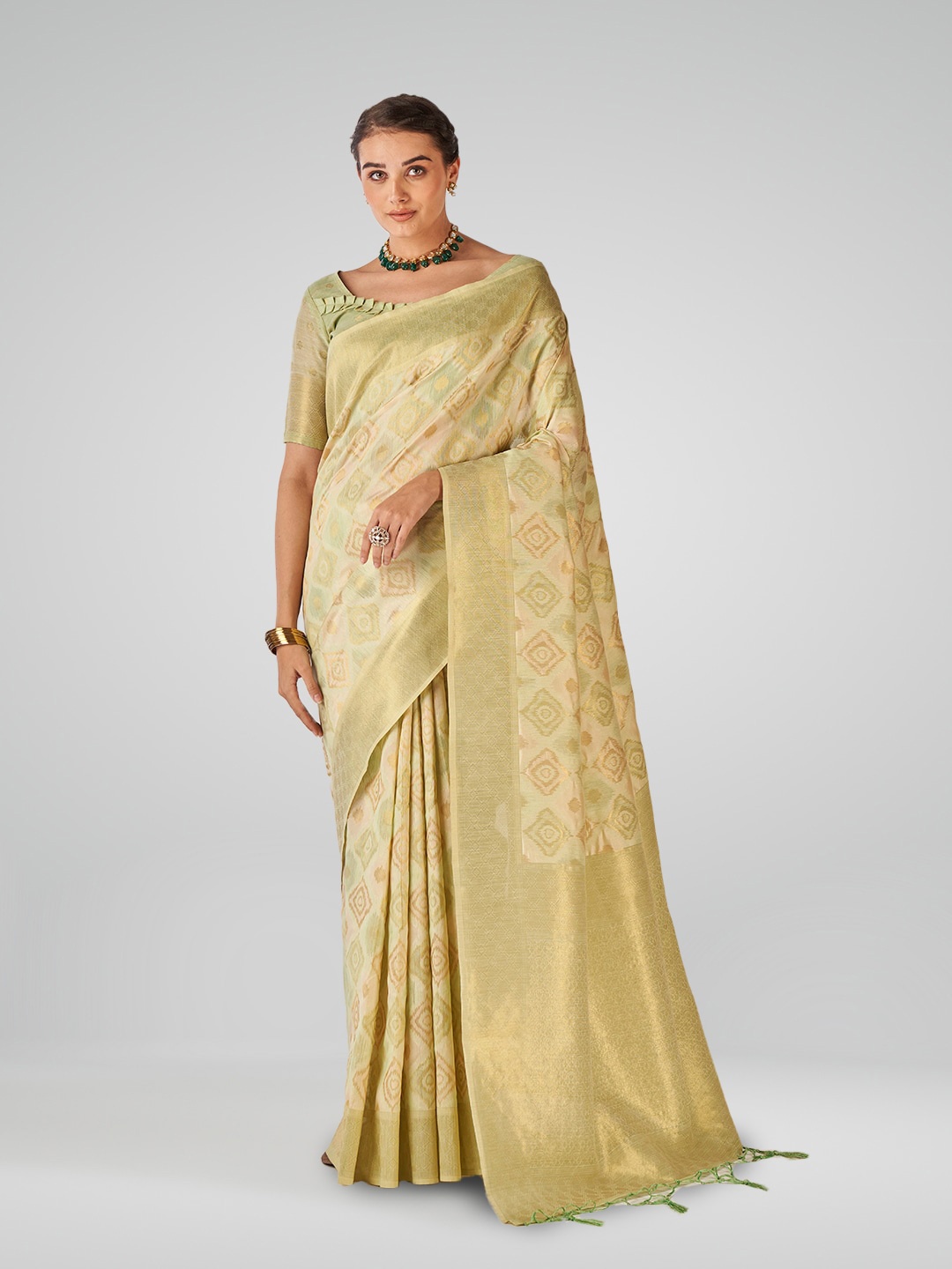 

Aura Geometric Printed Zari Pure Cotton Saree, Green