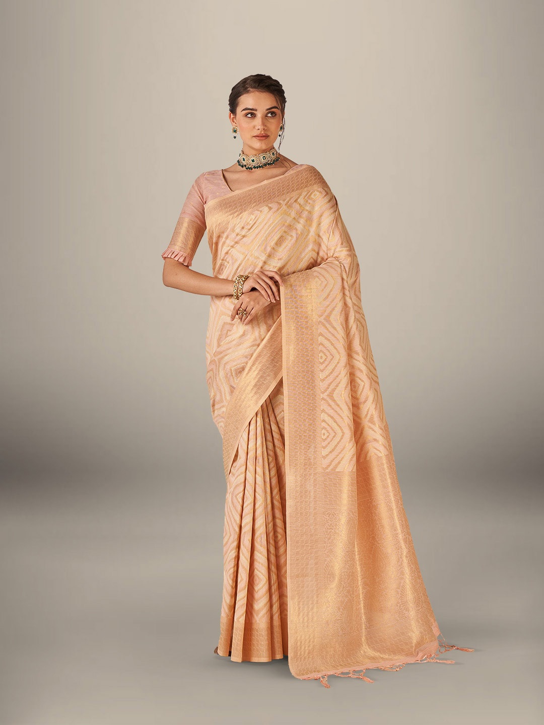 

Aura Geometric Woven Design Zari Pure Cotton Saree, Pink