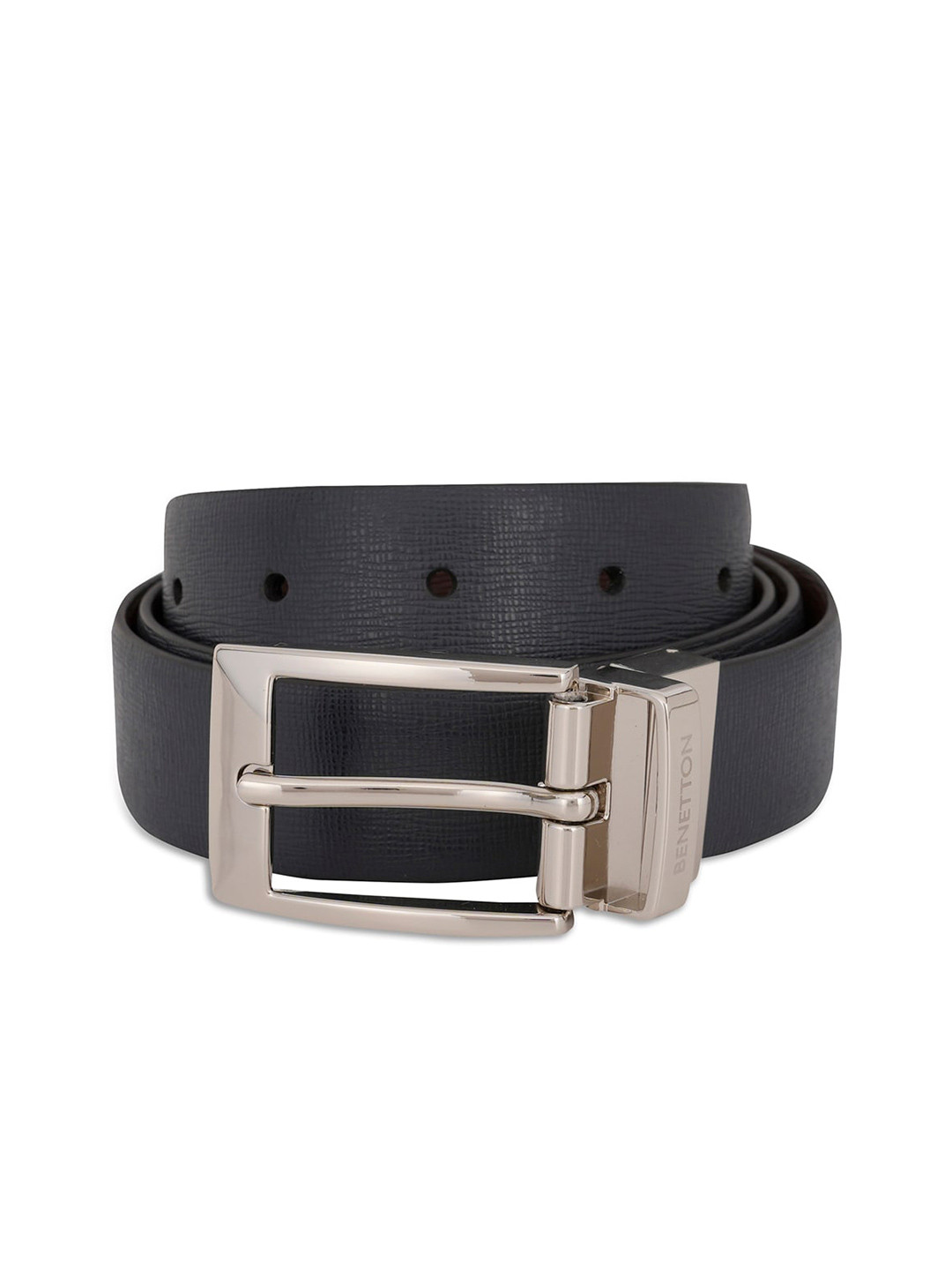 

United Colors of Benetton Men Textured Leather Reversible Belt, Navy blue