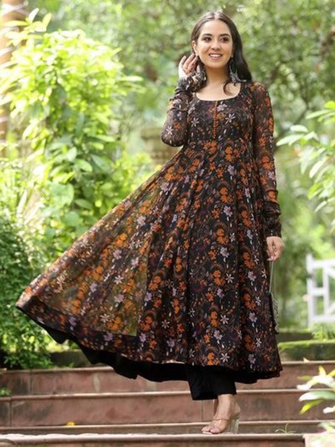 

KALINI Floral Printed Anarkali Georgette Kurta, Black