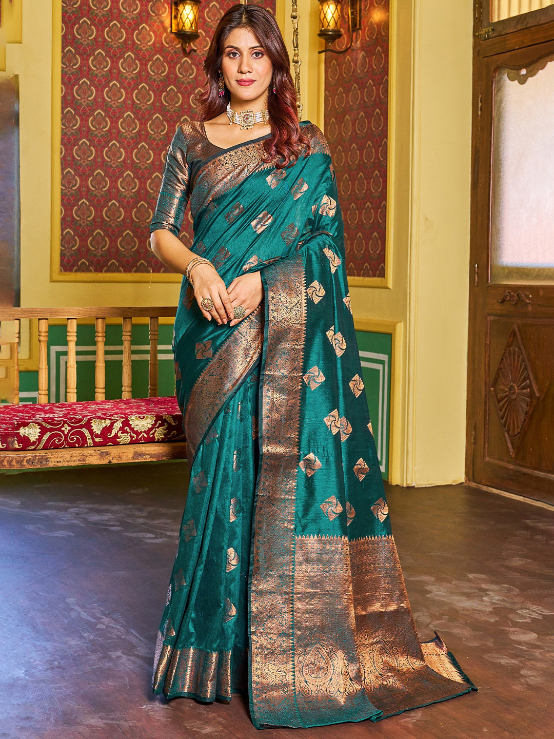 

koram design Woven Design Zari Banarasi Saree, Teal