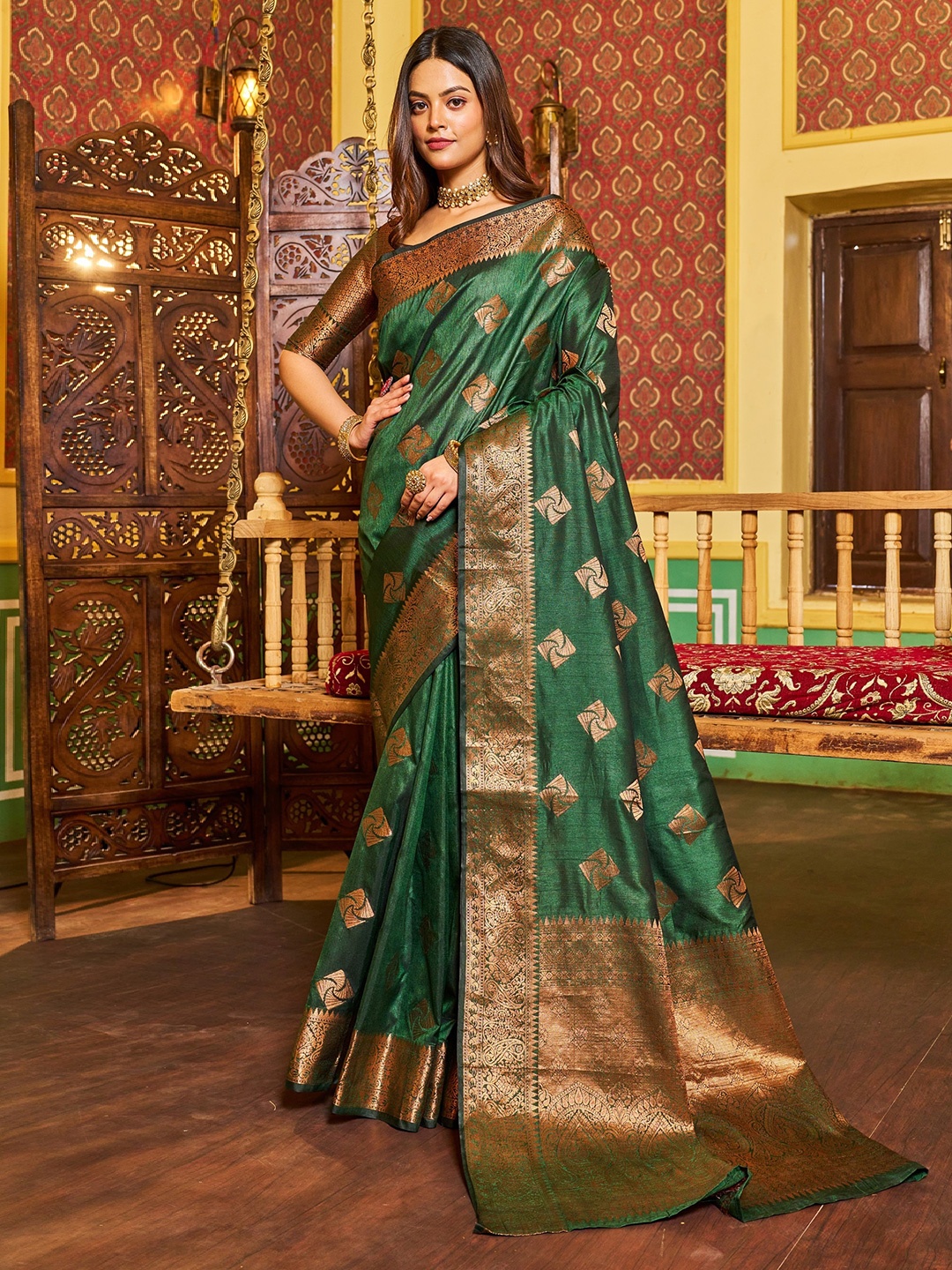 

koram design Woven Design Zari Banarasi Saree, Green