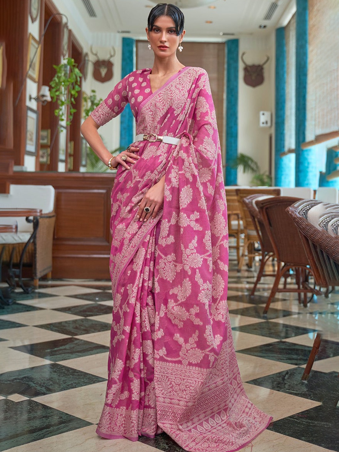 

koram design Woven Design Chikankari Cotton Saree, Pink