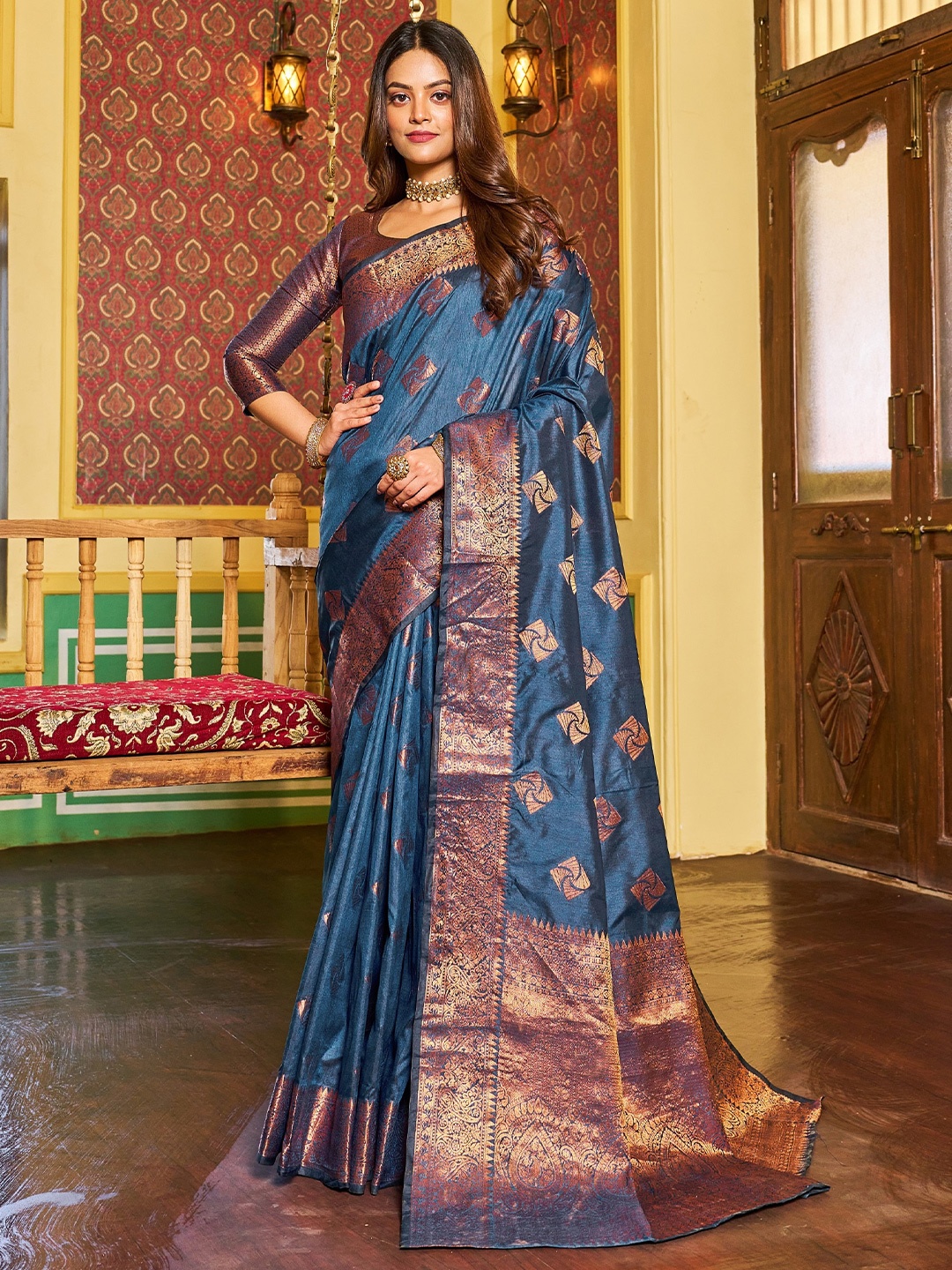 

koram design Woven Design Zari Banarasi Saree, Blue