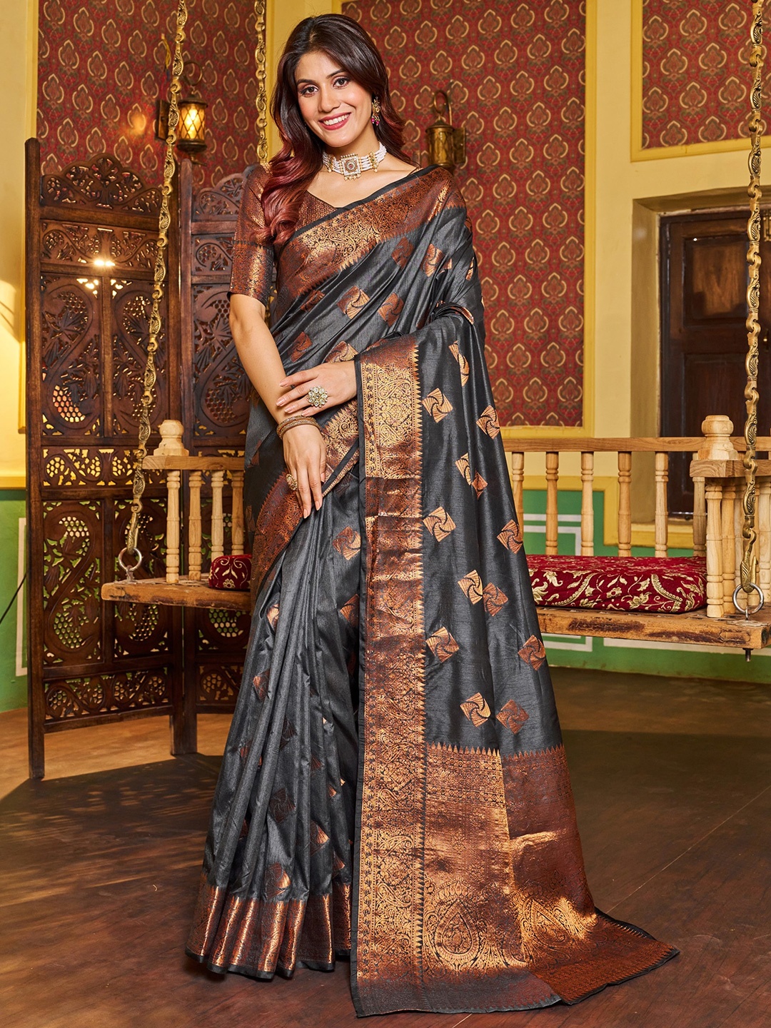 

koram design Woven Design Zari Banarasi Saree, Black