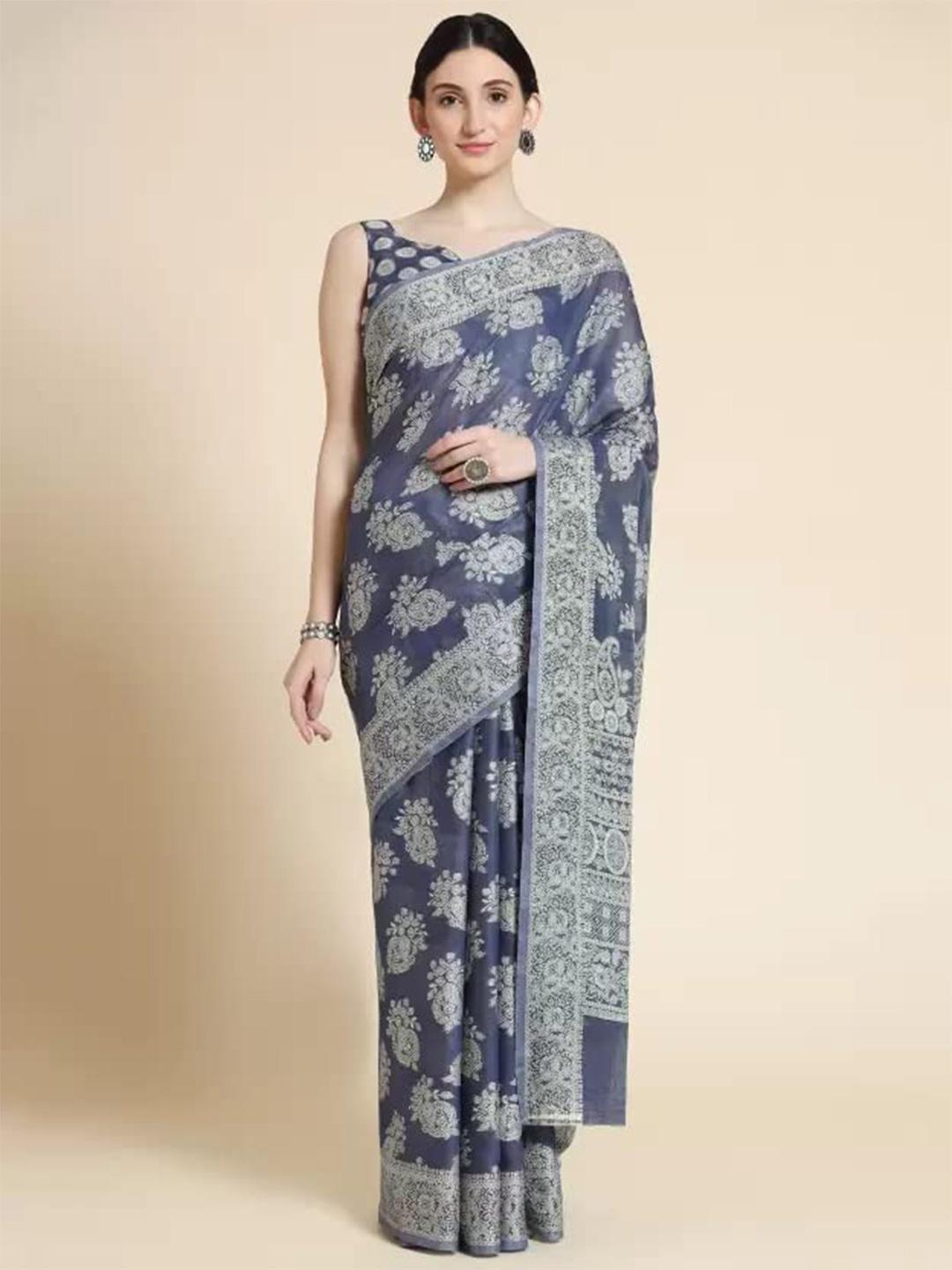 

koram design Ethnic Motifs embroidered Chikankari Cotton Saree, Blue