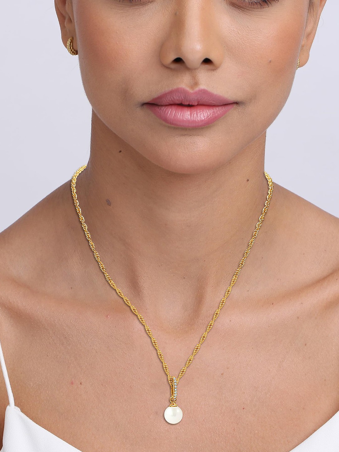 

LeCalla Women Gold-Plated Circular Shaped Pearls-Stone Pendants With Chains