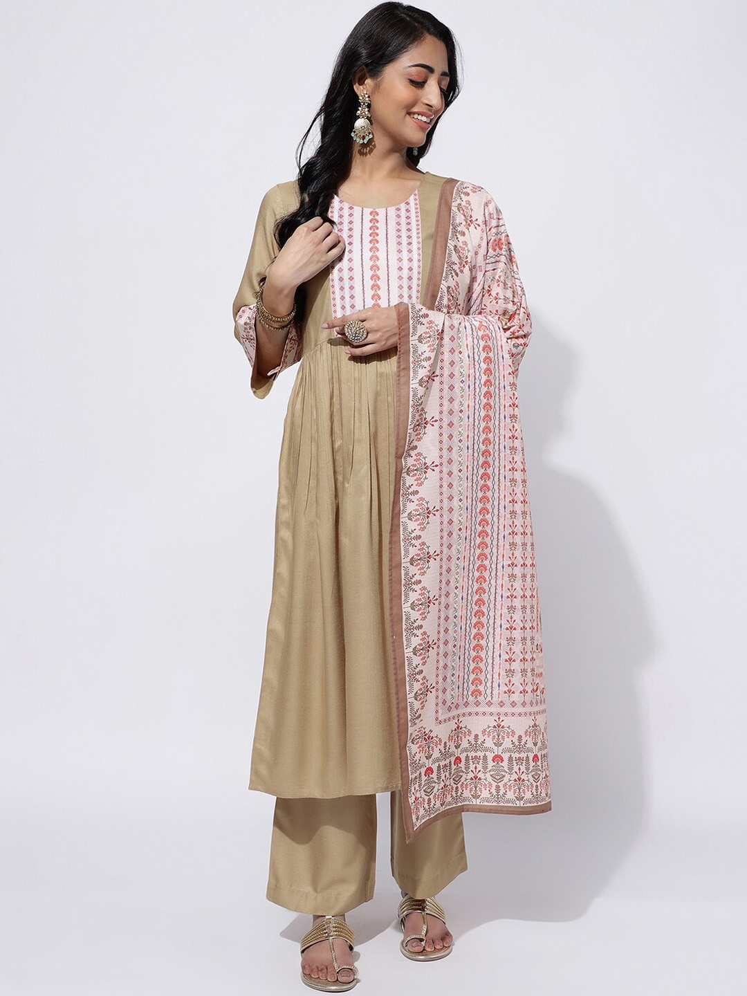 

KALINI Ethnic Motifs Digital Printed A-line Kurta with Palazzos & Dupatta, Beige