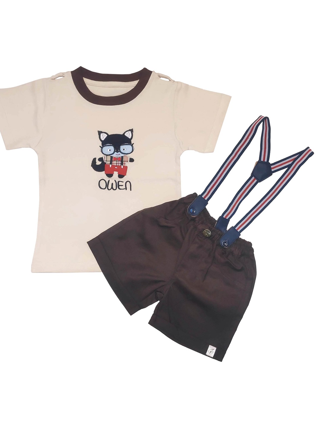 

BAESD Boys Printed Pure Cotton T-shirt With Shorts With Suspenders, Beige