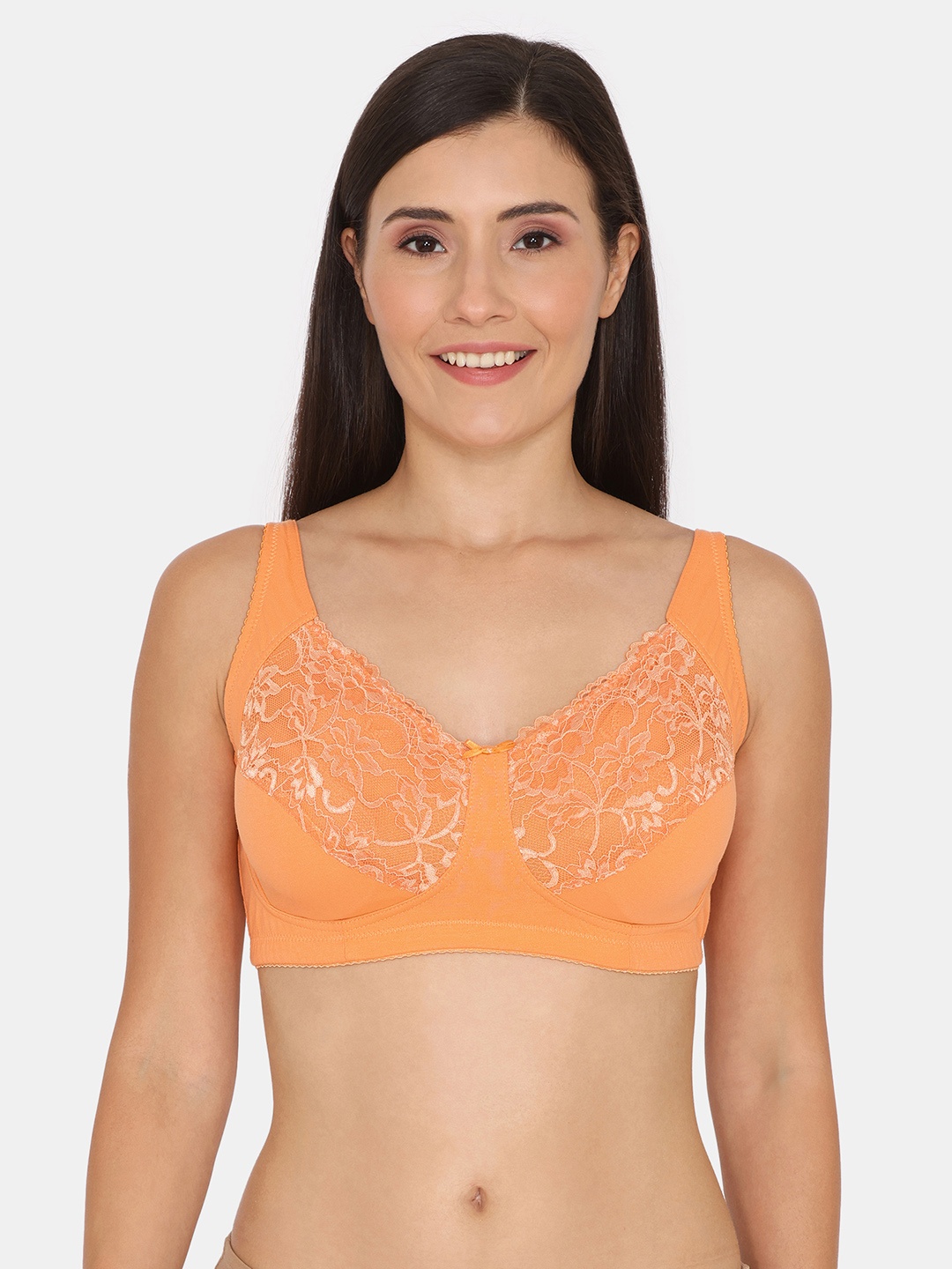 

Zivame Floral Lace Full Coverage Non Padded Everyday Bra With All Day Comfort, Orange