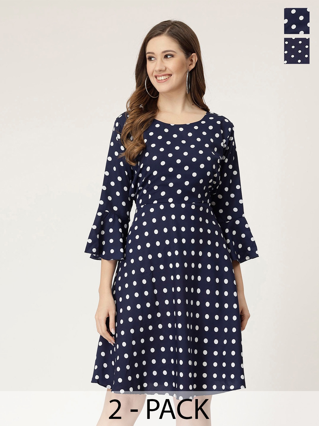 

MISS AYSE Pack of 2 Polka Dot Print Bell Sleeve Crepe Fit & Flare Dress, Navy blue