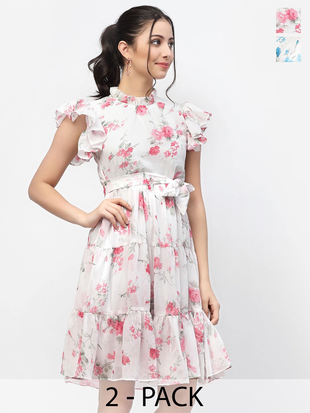 

MISS AYSE Pack of 2 Floral Print Georgette Fit & Flare Dress, White